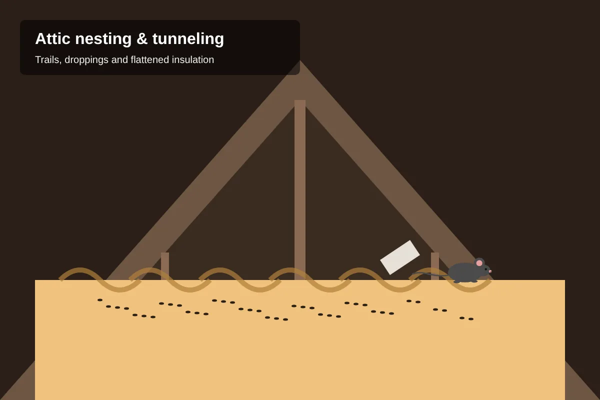 Illustration of mouse tunnels and droppings in attic insulation