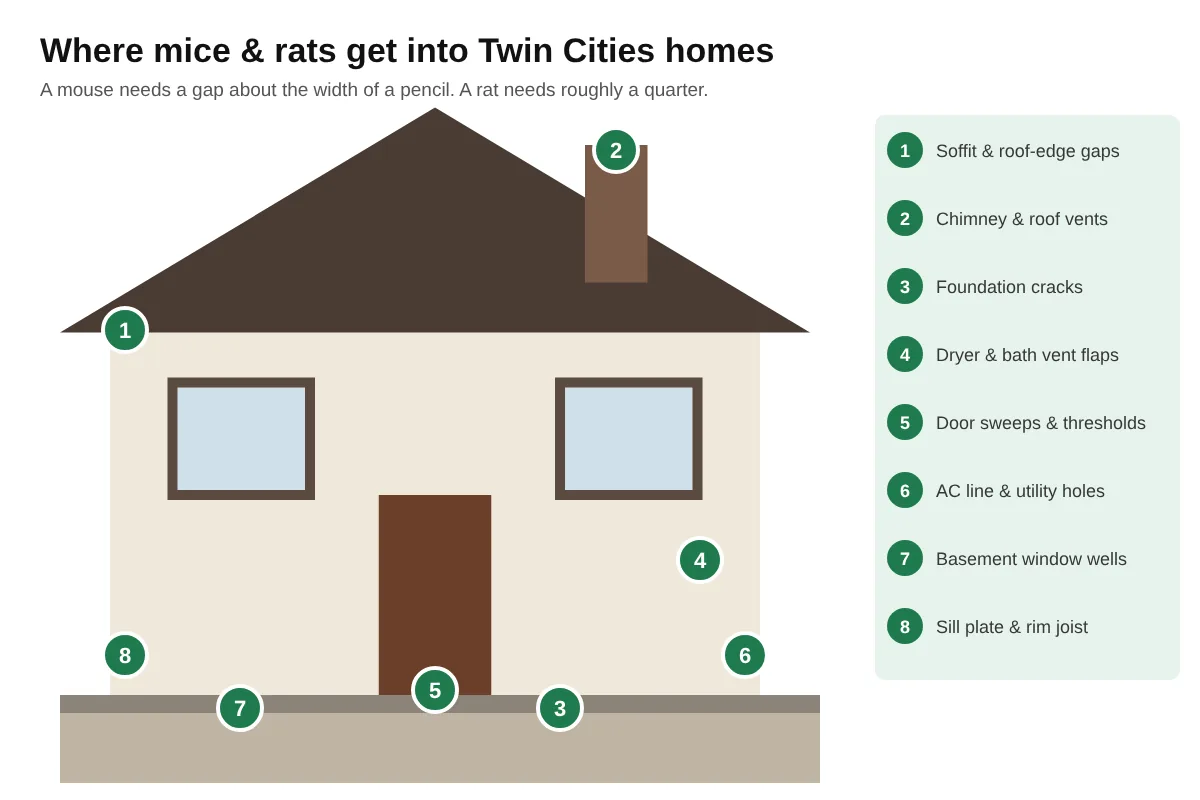 Eight common rodent entry points on a Minneapolis home
