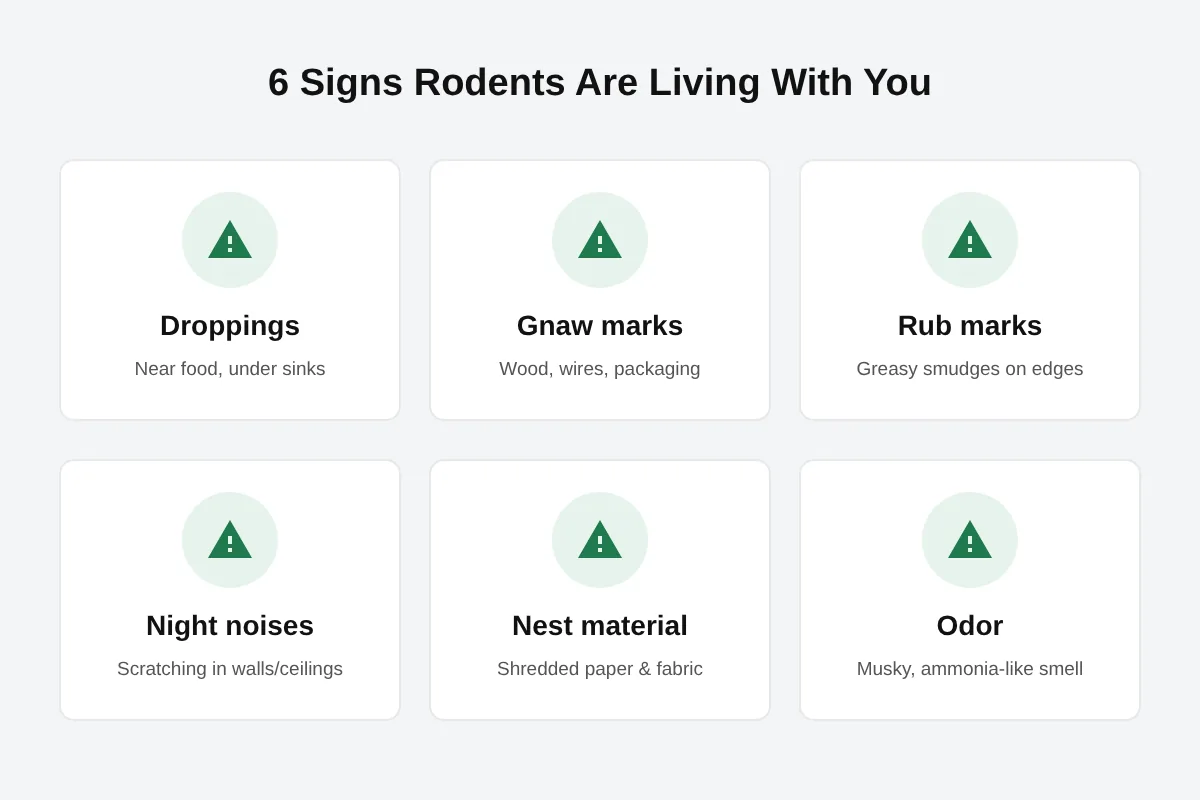Infographic of six common signs of rodents in a house